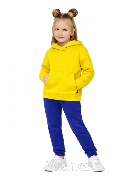 Трикотажний костюм на флісі жовтий з синіми штанами для дівчинки